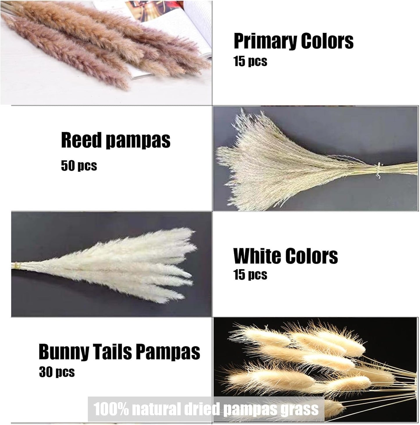 Pampas Grass Decor 110 pcs 17.5 inch Natural Dry Pampas - 15 Pcs White Pampas & 15 Pcs Brown Pampas & 50 Pcs Reed Grass & 30 Pcs Bunny Tail Grass,Fluffy Dried Flowers for Wedding Boho Decor Home Decor