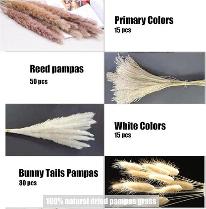 Pampas Grass Decor 110 pcs 17.5 inch Natural Dry Pampas - 15 Pcs White Pampas & 15 Pcs Brown Pampas & 50 Pcs Reed Grass & 30 Pcs Bunny Tail Grass,Fluffy Dried Flowers for Wedding Boho Decor Home Decor