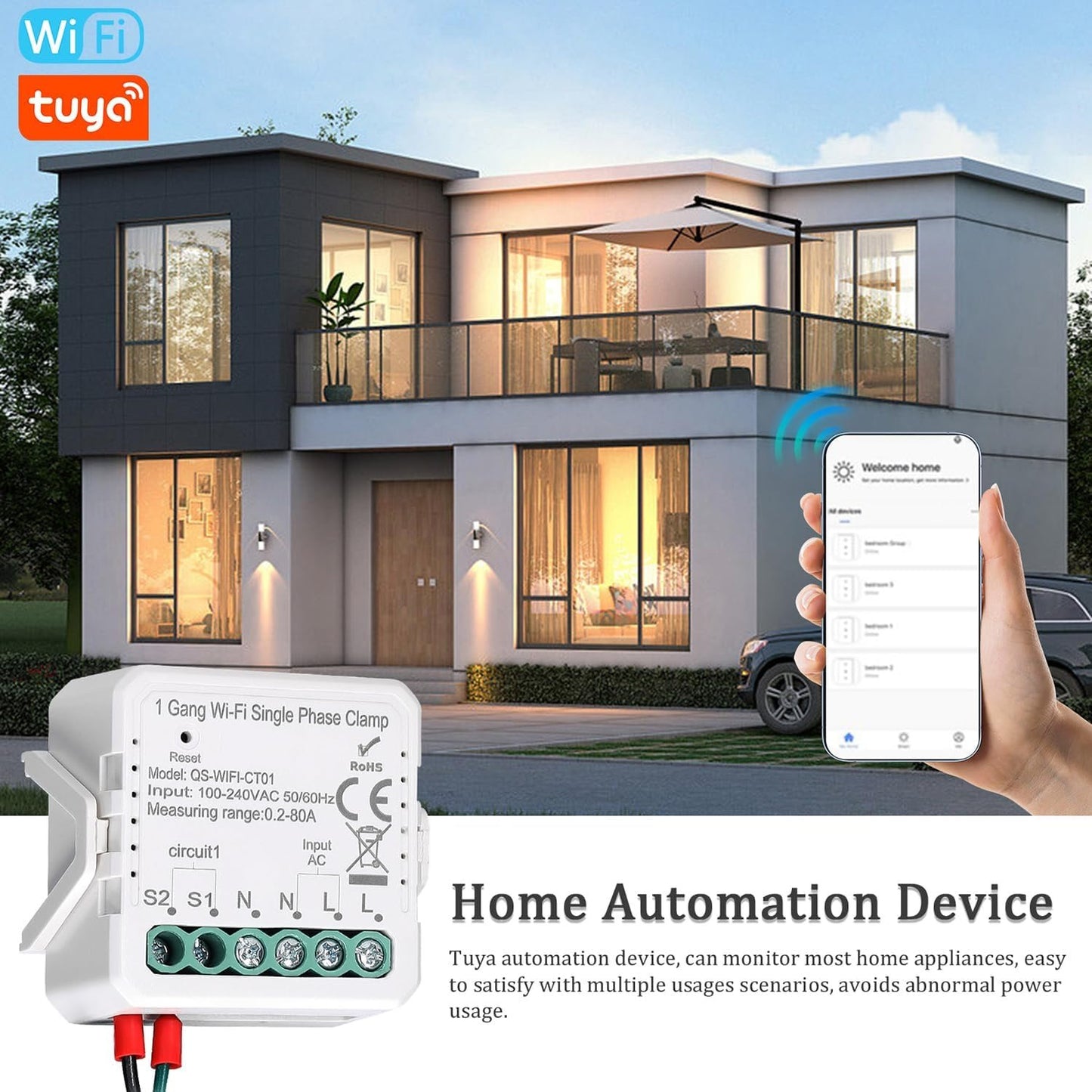zolyet WiFi 2 Gang 80A Single Phase Clamp Solar PV Bidirectional Two Way Energy Meter Mobilephone APP Control t Transformer Schedule Timer Home Automation Multicolor Wifi 1 Gang Single Phase Clamp