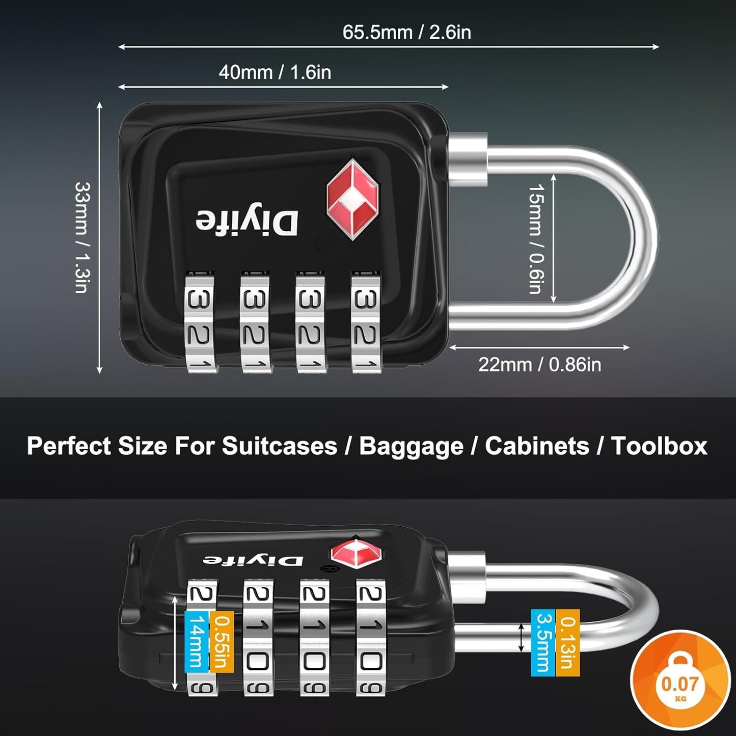 Diyife TSA Luggage Locks, [Updated Version] 4-Digit Security Padlock, [2 Packs] Resettable Zinc Alloy Small Combination Padlocks, Mini Code Lock for Travel Suitcases Luggage Bagpack Case (Black)