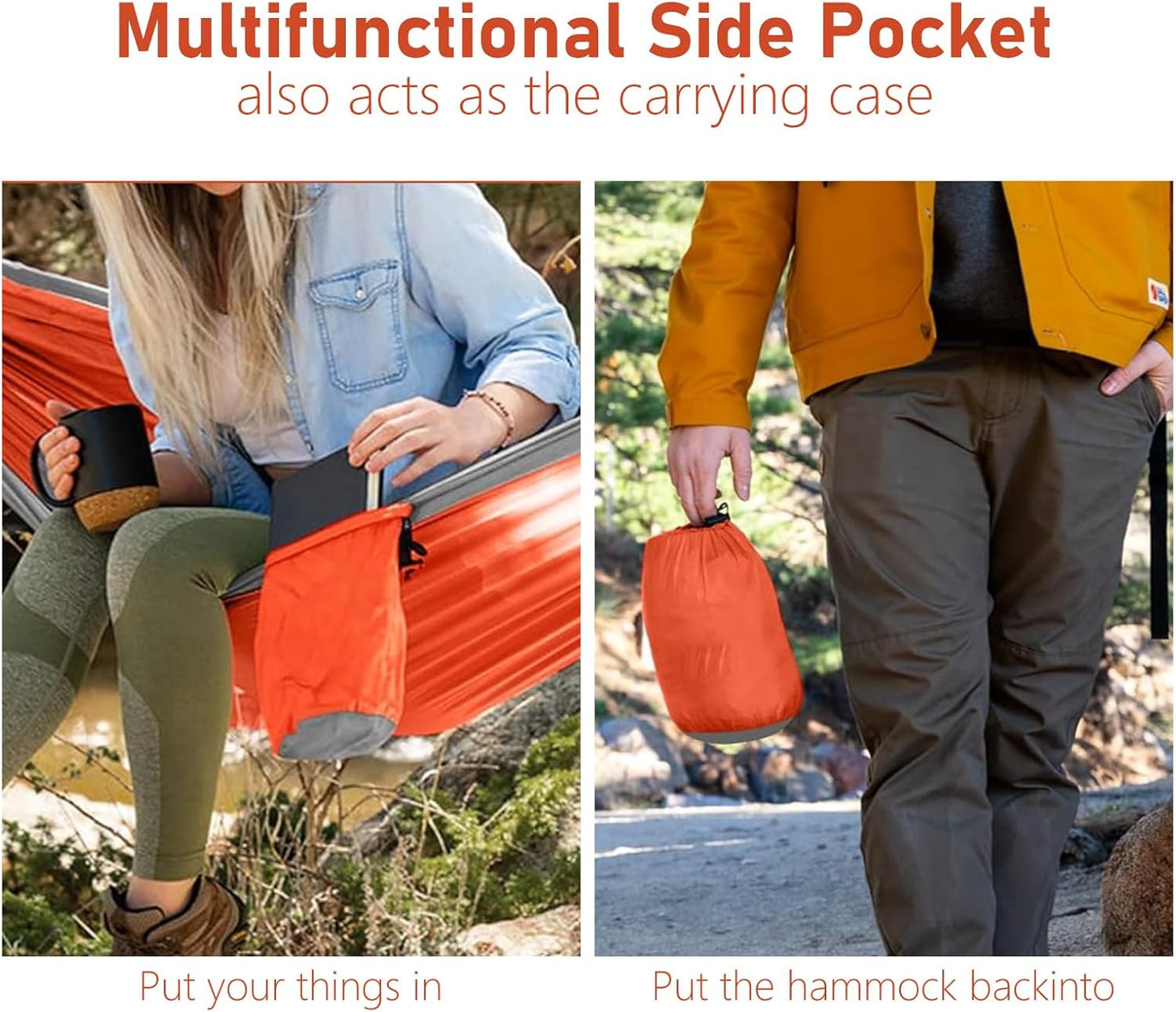 SOOPRNO Camping Hammock. Portable Double and Single Hammock with 2 Tree Straps and Attached Carry Bag. Camping Gear for Outdoor Hiking Camping Beach Backpacking Travel. (Orange & Light Gray)