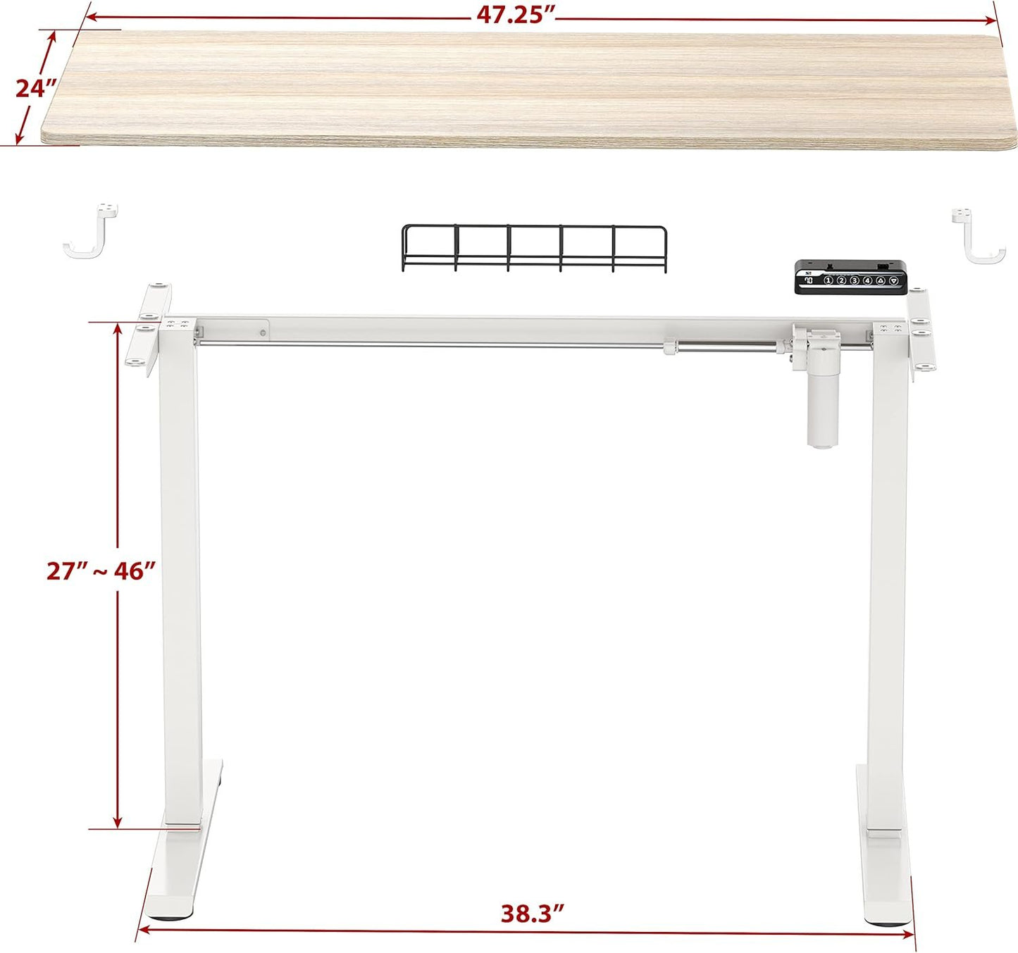 SHW 48-Inch Electric Height Adjustable Sit to Stand Desk with Hanging Hooks and Cable Management, 122 x 60 cm, Maple