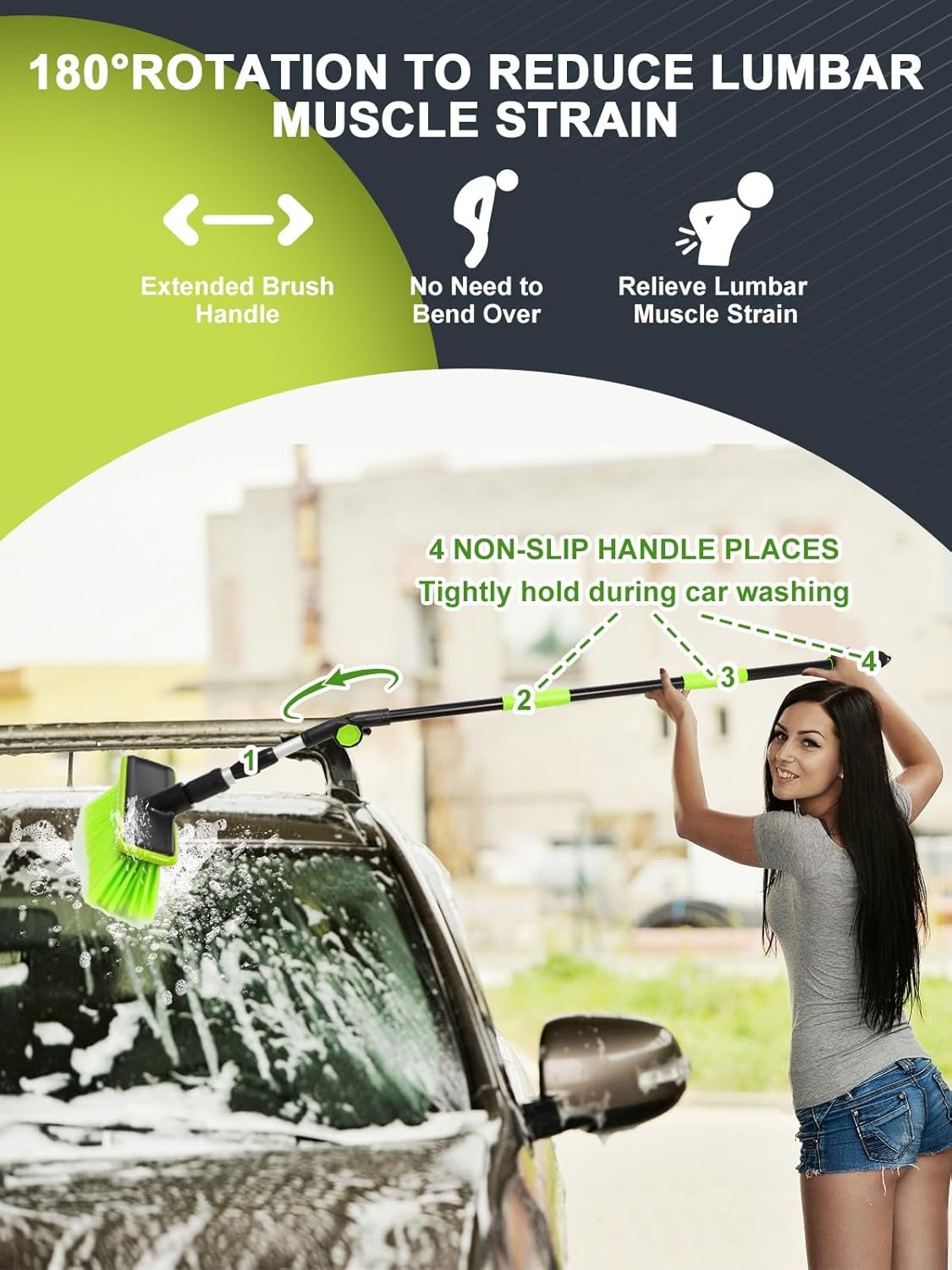 PBT 180° Rotating Car Wash Brush Long Handle Car Cleaning Brush Less Likely to Produce Floating Hair Suitable Snow Removal Cleaning SUV Truck Motorhome Indoor and Outdoor