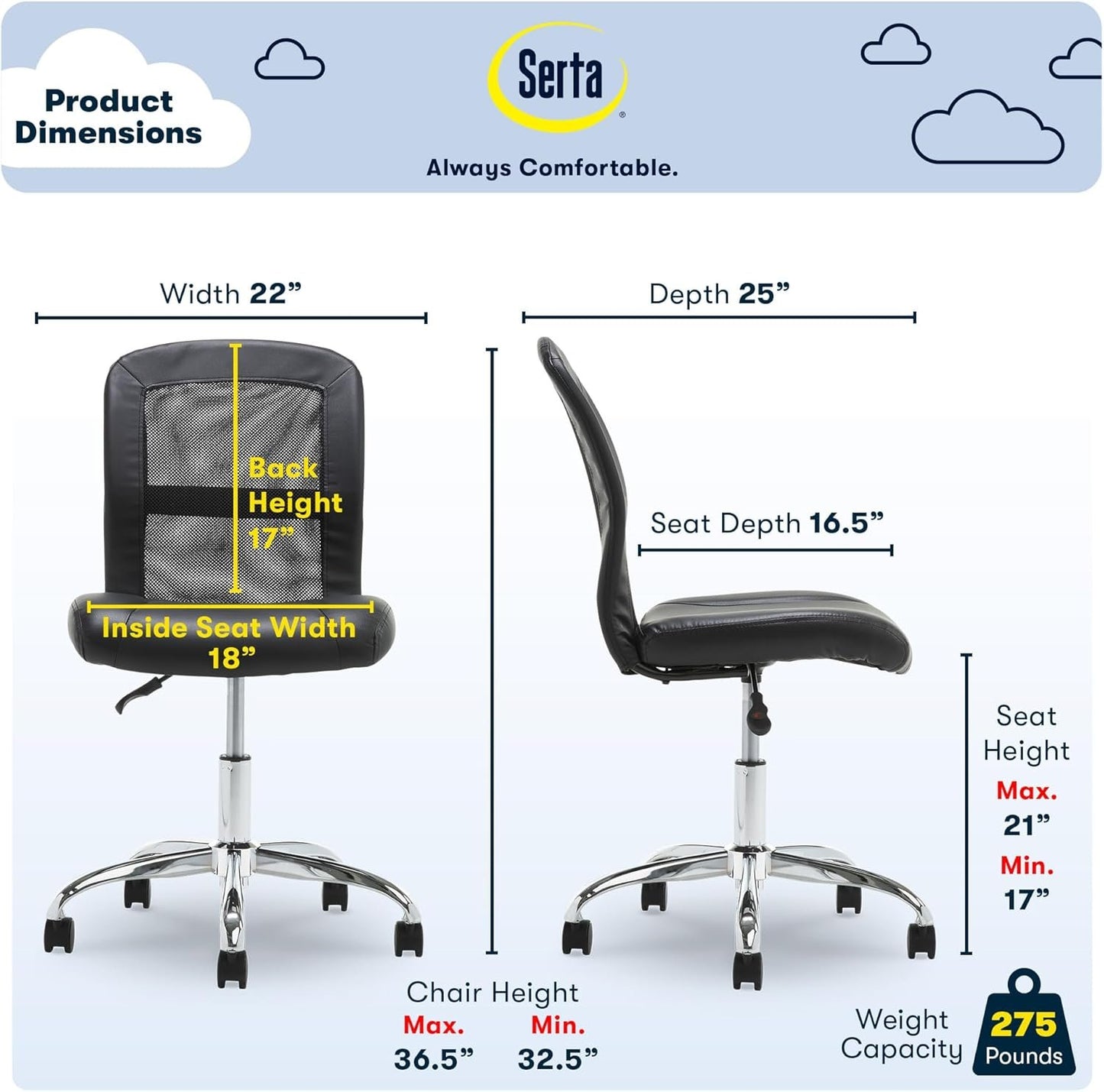 Serta Essentials Ergonomic Armless Low-Back Computer Swivel Task Chair, Faux Leather and Mesh, Black