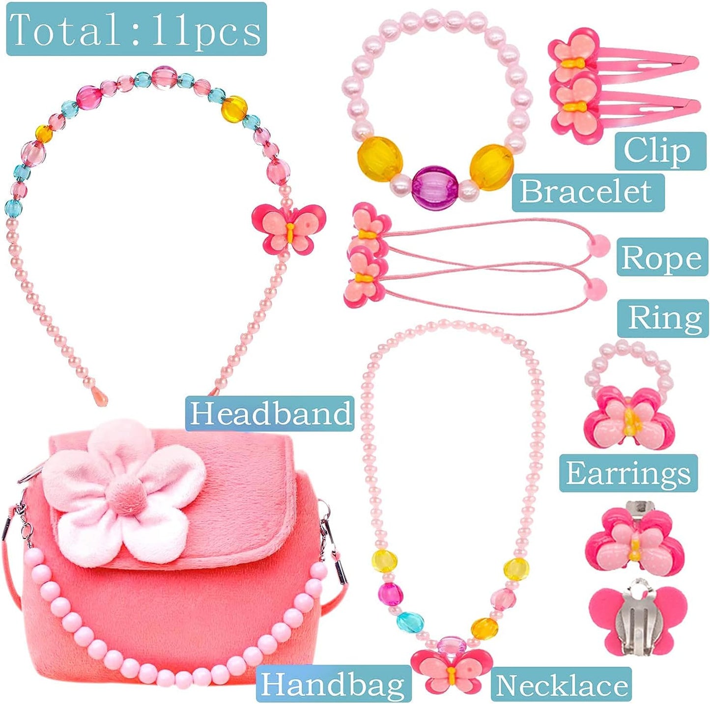 BIQIQI Kids Jewelry Set Little Girls Plush Purses with Necklace Bracelet Ring and Earring Jewelry Set Cute Handbag My First Purse for Little Girls Dress up and Pretend Role Play