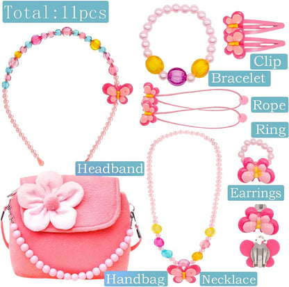 BIQIQI Kids Jewelry Set Little Girls Plush Purses with Necklace Bracelet Ring and Earring Jewelry Set Cute Handbag My First Purse for Little Girls Dress up and Pretend Role Play