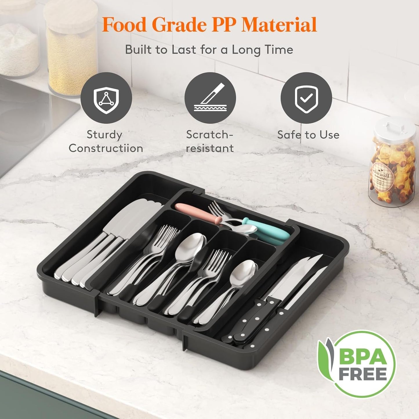Lifewit Small Cutlery Organizer, Expandable Utensil Organizer for Kitchen, Utensil Holder, Adjustable Cutlery Rack Organizer for Spoons, Knives, Kitchen Organizers and Storage, Black