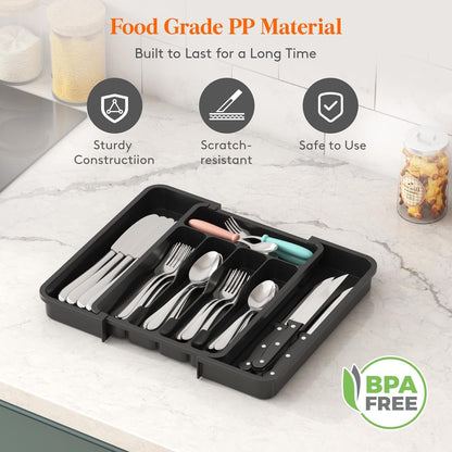 Lifewit Small Cutlery Organizer, Expandable Utensil Organizer for Kitchen, Utensil Holder, Adjustable Cutlery Rack Organizer for Spoons, Knives, Kitchen Organizers and Storage, Black
