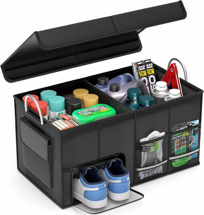 Car Trunk Organizer, Vehicle Boot Organizer 60L Collapsible Multi Compartment Boot Tidy Storage Box for SUVs, RV, Sedans, 600D Adjustable Auto Back Cargo Organisers Car Accessories (Black-55L)