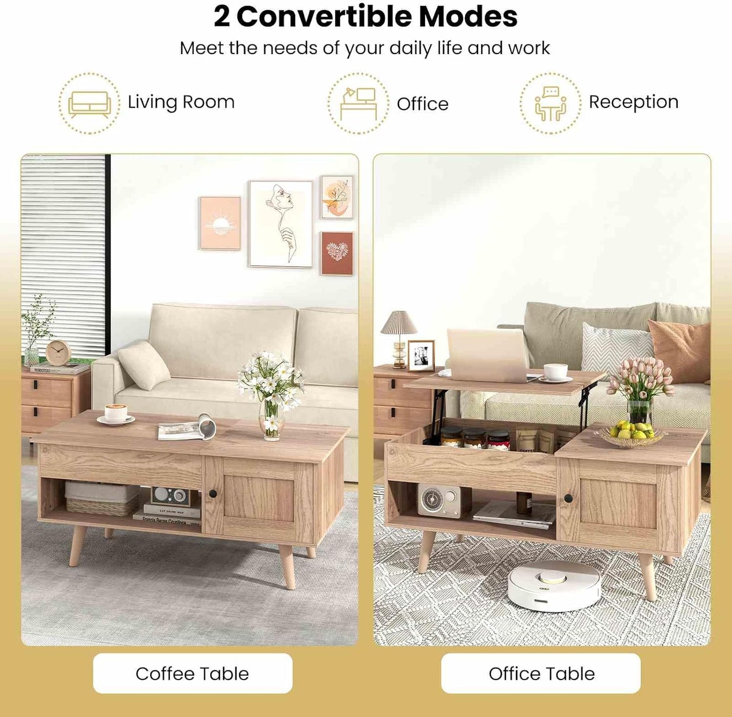 Costway Lift-Top Coffee Table, Flip Top Center Table, Small Coffee Table with Hidden Storage & Open Shelf, Convertible Office Table, Lift Tabletop Dining Table for Living Room (Natural)