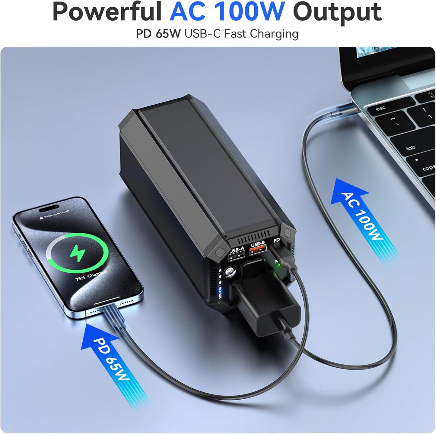 Portable Power Bank with AC Outlet, 100W Portable Laptop Charger, 98Wh/27000mAh High Capacity with 65W PD USB C Laptop Battery Bank, Backup Power Source for Business Travel and Outdoor Activities