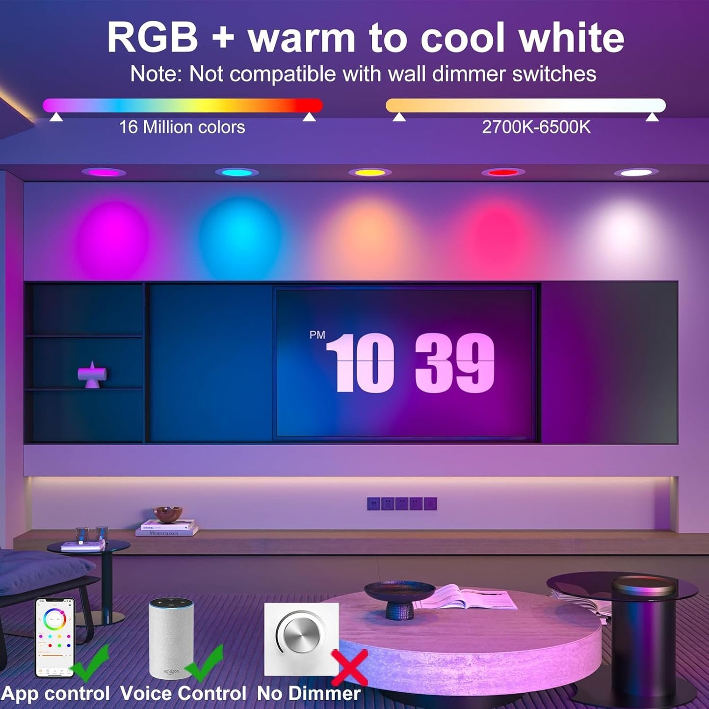 Smart LED Can Lights,12Pack Retrofit LED Recessed Lighting,5/6inch 13W 1050LM RGB Color Changing Downlight,Compatible with Alexa,Bluetooth APP Control,for Bedroom Kitchen Living Room