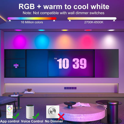 Smart LED Can Lights,12Pack Retrofit LED Recessed Lighting,5/6inch 13W 1050LM RGB Color Changing Downlight,Compatible with Alexa,Bluetooth APP Control,for Bedroom Kitchen Living Room