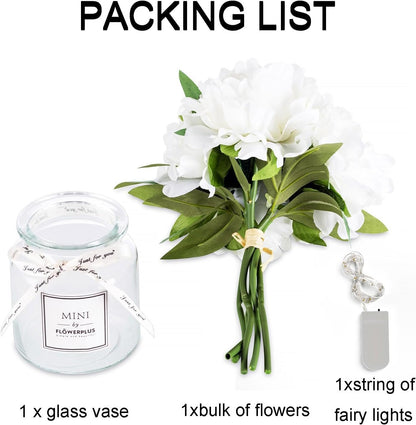 White Fake Flowers with Vase: Blosmon Small Coffee Table Decor Bathroom Peony Faux Flowers in Vase Office Desk Shelf Home Living Room Bedroom Vanity nightstand Decorations Floral Arrangement