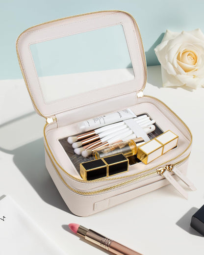 KOTORA Clear Makeup Bags TSA Approved Toiletry Bag with Handle Large Opening, Clear Toiletry Bags for Carry-on Traveling Travel Car Essentials Orangizer Storage, Clear Cosmetic Bag, White, 2Layer
