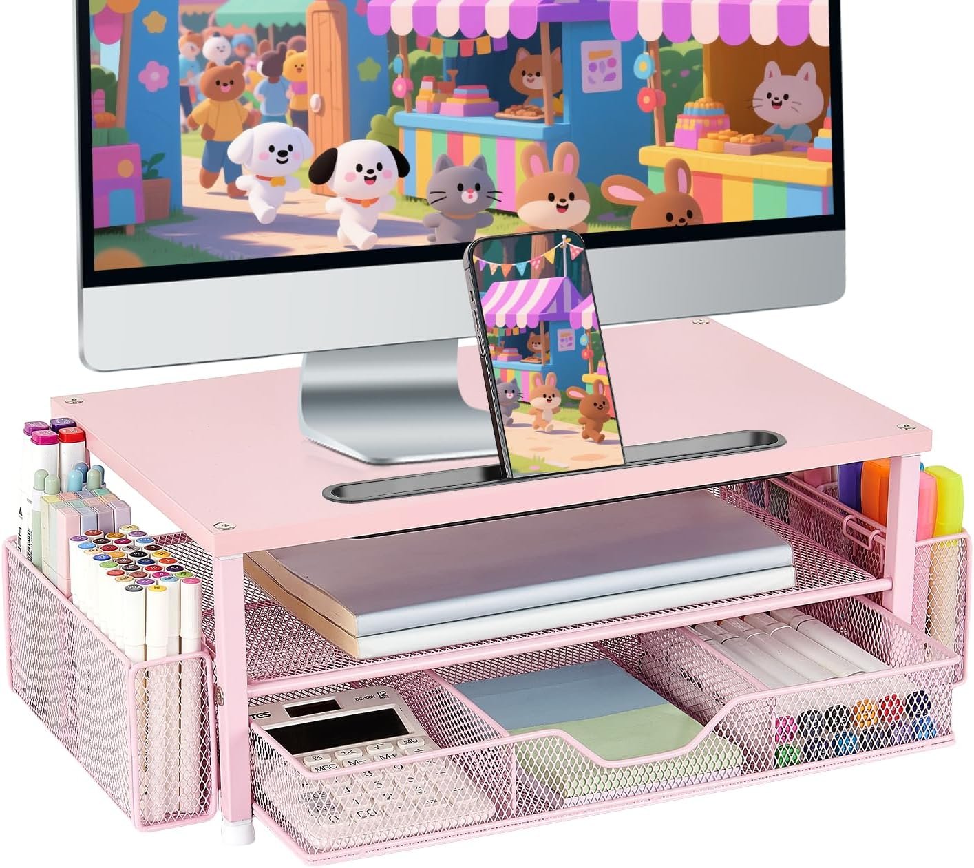 Pink Desk Organizers and Accessories, 2-Tier Wood Computer Monitor Stand with Drawer, Pen Storage & Tablet Phone Holder, Office Desk Accessories, Workspace Desktop Organization for Office Supplies