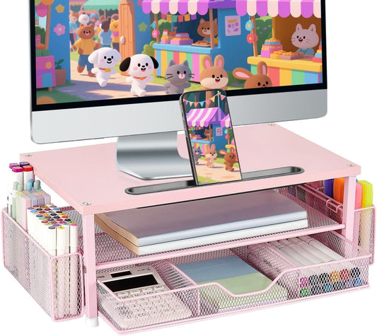 Pink Desk Organizers and Accessories, 2-Tier Wood Computer Monitor Stand with Drawer, Pen Storage & Tablet Phone Holder, Office Desk Accessories, Workspace Desktop Organization for Office Supplies