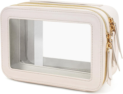 KOTORA Clear Makeup Bags TSA Approved Toiletry Bag with Handle Large Opening, Clear Toiletry Bags for Carry-on Traveling Travel Car Essentials Orangizer Storage, Clear Cosmetic Bag, White, 2Layer