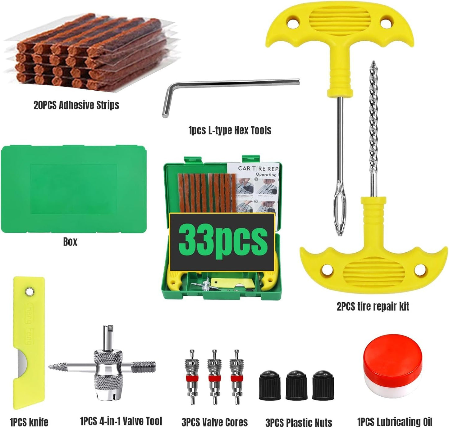 33Pcs Tire Repair Kit, Heavy Duty Tire Plug Kit，Universal Tire Repair Tools to Fix Punctures and Plug Flats Patch Kit for Cars, Motorcycles, Atvs, Tractors, Etc