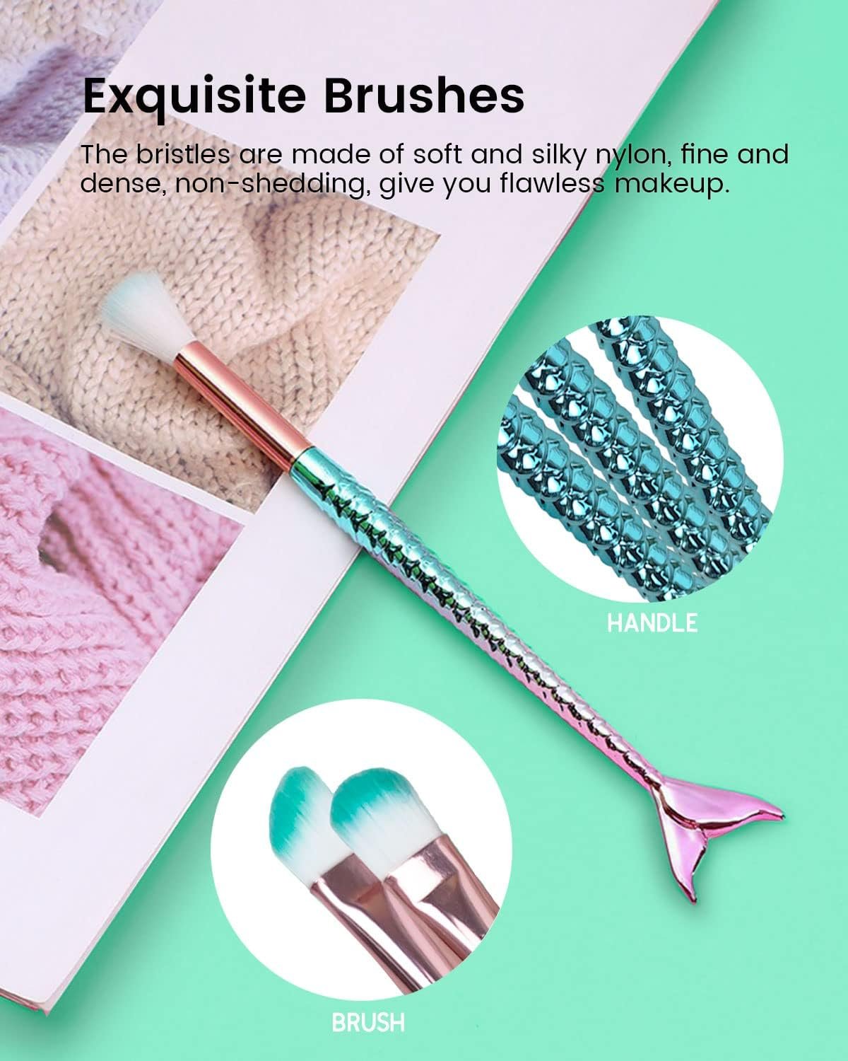 Mermaid Makeup Brushes Set, NIZIYI 11PCS Make Up Foundation Powder Cream Eyebrow EyeShadow Eyeliner Lip Blush Concealer Kabuki Beauty Brushes with Bag for Girls Toys Christmas & Birthday