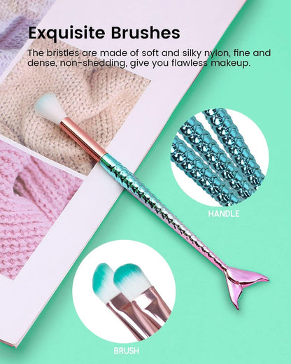Mermaid Makeup Brushes Set, NIZIYI 11PCS Make Up Foundation Powder Cream Eyebrow EyeShadow Eyeliner Lip Blush Concealer Kabuki Beauty Brushes with Bag for Girls Toys Christmas & Birthday