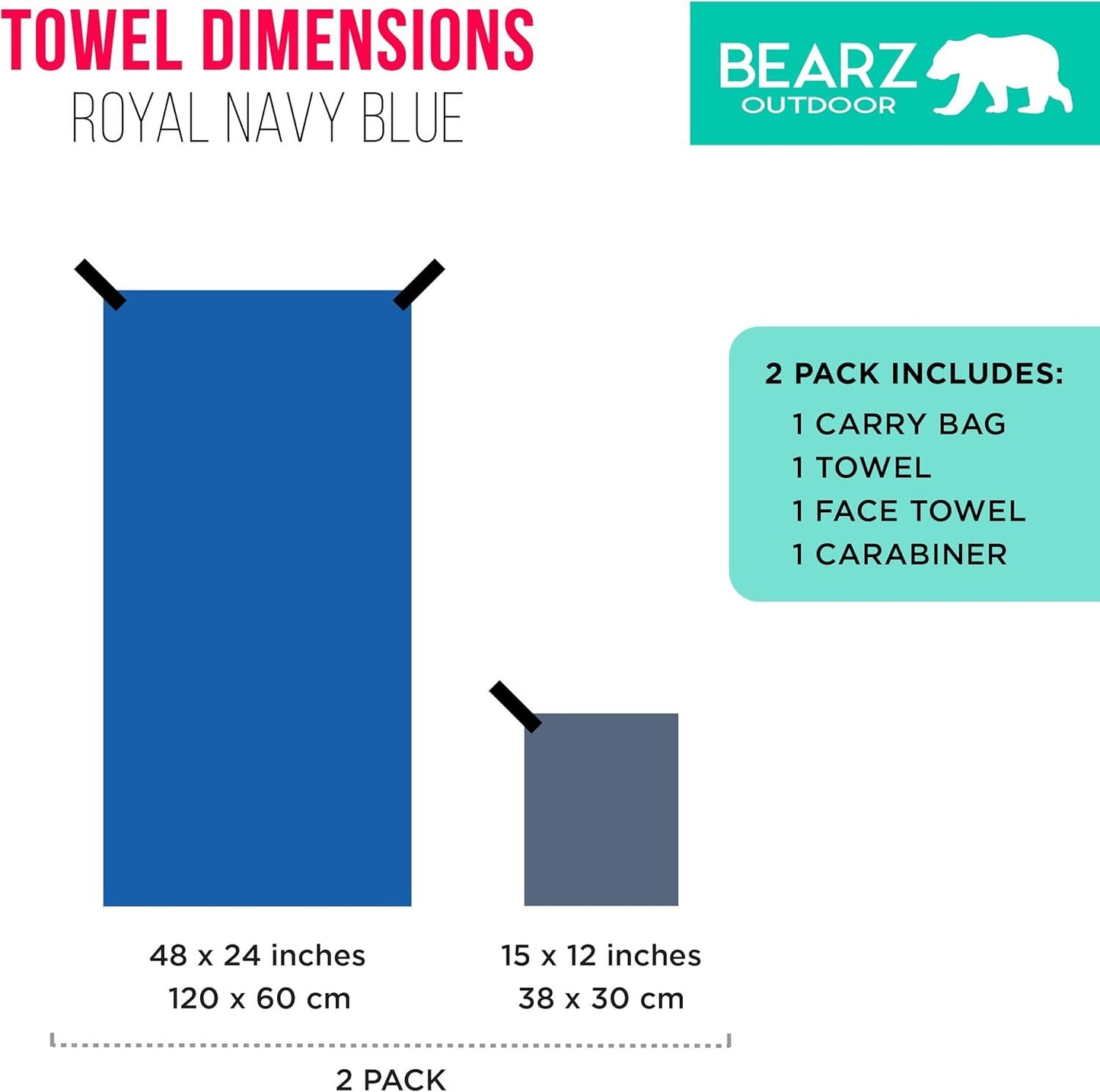 BEARZ Outdoor Microfiber Towel Set for Travel & Sports. Compact & Absorbent Cloth for Camping Swimming Beach Gym Yoga Golf. Gear w/Bag Water Resistant Pocket Carabiner Face Cloth