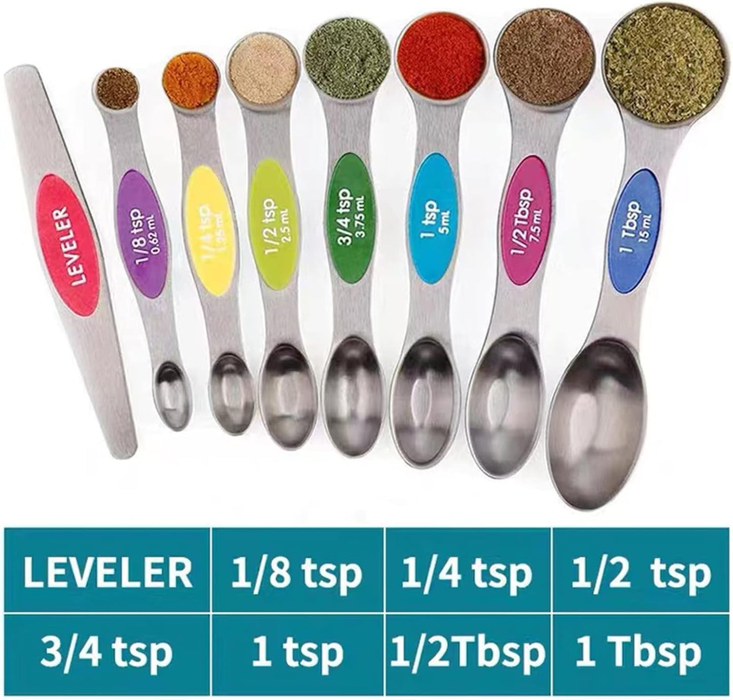 Magnetic Measuring Spoons Set, 7 Measuring Spoons and Cups 1 Leveler Stainless Steel Dual Sided Stackable Teaspoon for Liquid and Dry Ingredients