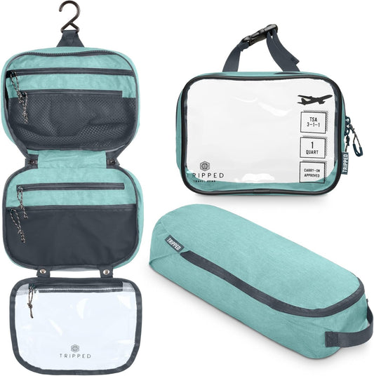 Toiletry Bag Kit Set: Hanging Travel Toiletry Bag + 311 TSA Cosmetic Liquid Bag + Ultralight Accessory Organizer Pouch, Turquoise, 3 Piece Toiletry Set