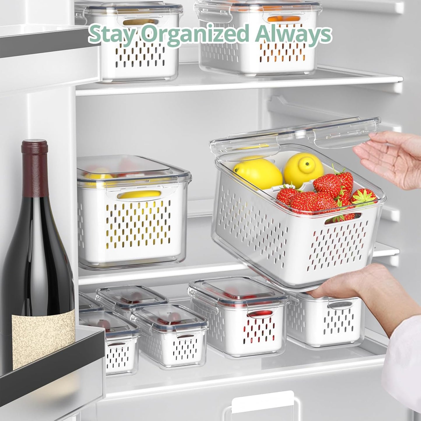 Fruit Storage Containers for Fridge with Removable Colander, 8 Pack Fruit Containers for Fridge with 2 Function Divider Plate, Airtight Storage Container to Keep Berry Fruit Fresh, Dishwasher Safe