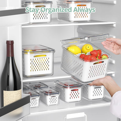 Fruit Storage Containers for Fridge with Removable Colander, 8 Pack Fruit Containers for Fridge with 2 Function Divider Plate, Airtight Storage Container to Keep Berry Fruit Fresh, Dishwasher Safe