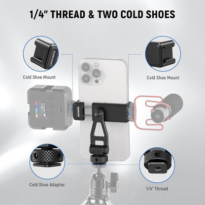 Neewer Metal Phone Tripod Mount with Cold Shoes, 1/4" Thread, 180° Tilt, 360° Rotation, Adjustable Phone Clamp Metal Phone Holder Compatible with iPhone 16 15 Pro Max S24 Ultra Camera Cage, GA010