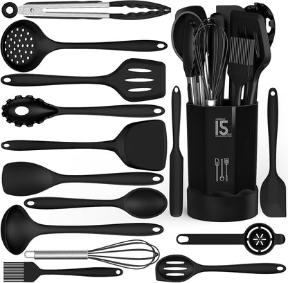 Dishwasher Safe Silicone Cooking Utensils Set - 446°F Heat Resistant Basic Silicone Kitchen Utensils,Turner Tongs, Spatula, Spoon, Brush, Whisk, Gadgets Tools for Nonstick Cookware (BPA Free - Black)