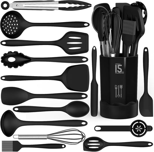 Dishwasher Safe Silicone Cooking Utensils Set - 446°F Heat Resistant Basic Silicone Kitchen Utensils,Turner Tongs, Spatula, Spoon, Brush, Whisk, Gadgets Tools for Nonstick Cookware (BPA Free - Black)