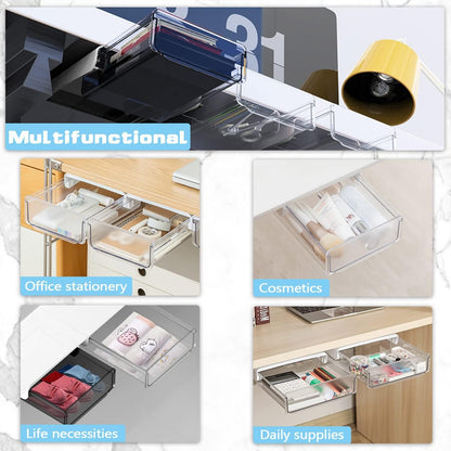 Self-adhesive Under Desk Drawer Organizer, 2 Pack Table Hidden Slide Out Large Storage Mounted Desktop Pencil Holder Tray Drawers for Office Home School Stationery Kitchen (Large, White)