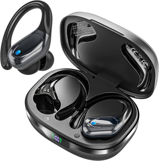 Catitru Wireless Earbuds, Sports Bluetooth Headphones, Over Ear Buds with 80hr Playtime, Noise Canceling, LED Power Display, IPX7 Waterproof for Workout/Running Black