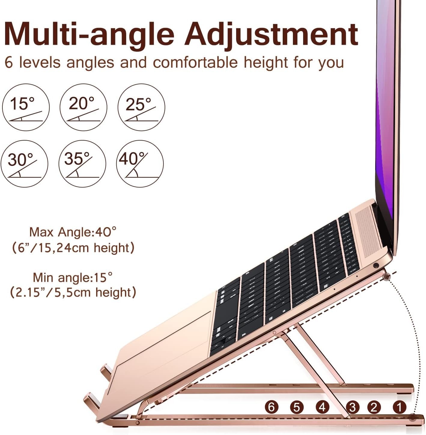 Laptop Stand, iVoler Laptop Holder Riser Computer Tablet Stand, 6 Angles Adjustable Aluminum Ergonomic Foldable Portable Desktop Holder Compatible with MacBook,iPad, HP, Dell, Lenovo 10-15.6”Rose Gold