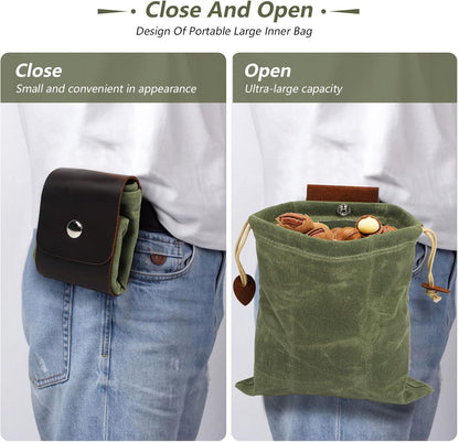 phpingan® Genuine Leather Foraging Bag with Strap(Non PU Leather), Collapsible Bushcraft Bag with Waxed Canvass Water Proof Belt Pouch, Backpacking Gear for Outdoor Camping Hiking Travel Green