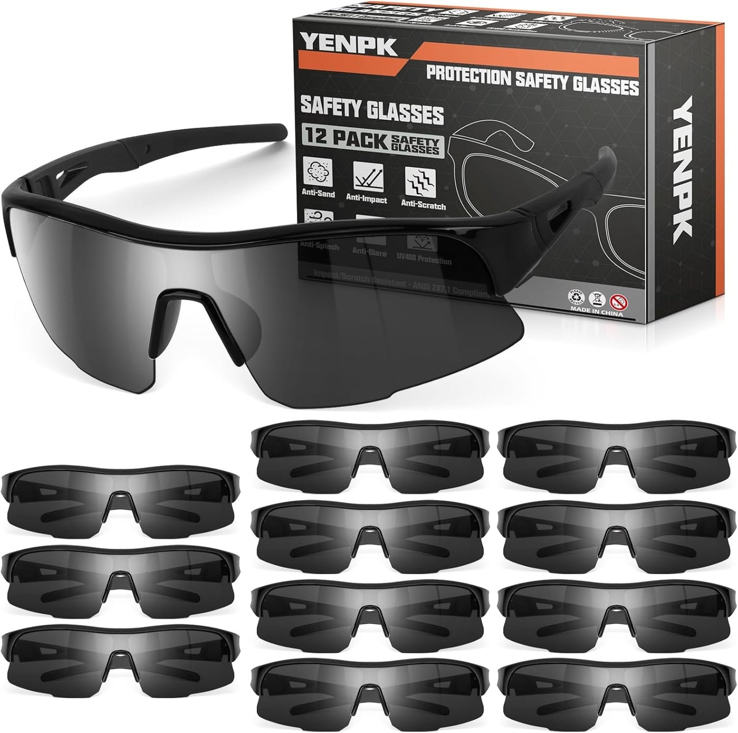 YENPK Safety Glasses for Men Women, ANSI Z87.1 Safety Glasses with UV Protection, Impact Resistant Tinted Safety Sunglasses