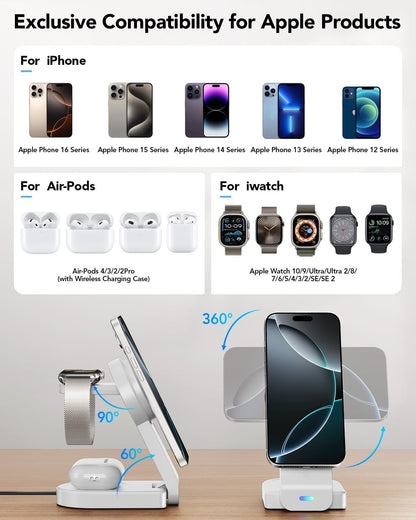 Foldable Magnetic Wireless Charger Compatible with Apple Devices,3 in 1 Wireless Charging Station for iPhone 16/15/14/13,Apple Watch Ultra 2/Ultra/Seires 10/9/8/7/6/5/4/SE,Air-Pods 4/3/Pro/2 (White)