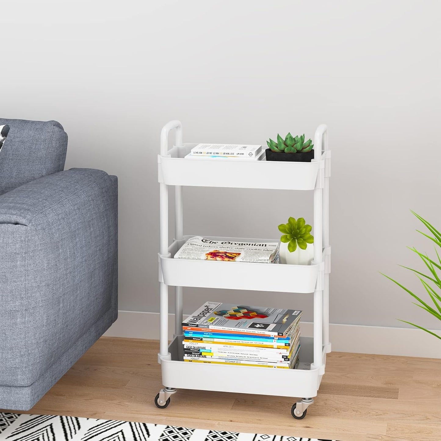 UDEAR 3-Tier Kitchen Rolling Utility Cart,Multifunction Storage Organizer with Handle and 2 Lockable Wheels for Kitchen,Bathroom,Living Room,Office,White