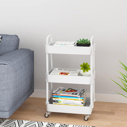 UDEAR 3-Tier Kitchen Rolling Utility Cart,Multifunction Storage Organizer with Handle and 2 Lockable Wheels for Kitchen,Bathroom,Living Room,Office,White