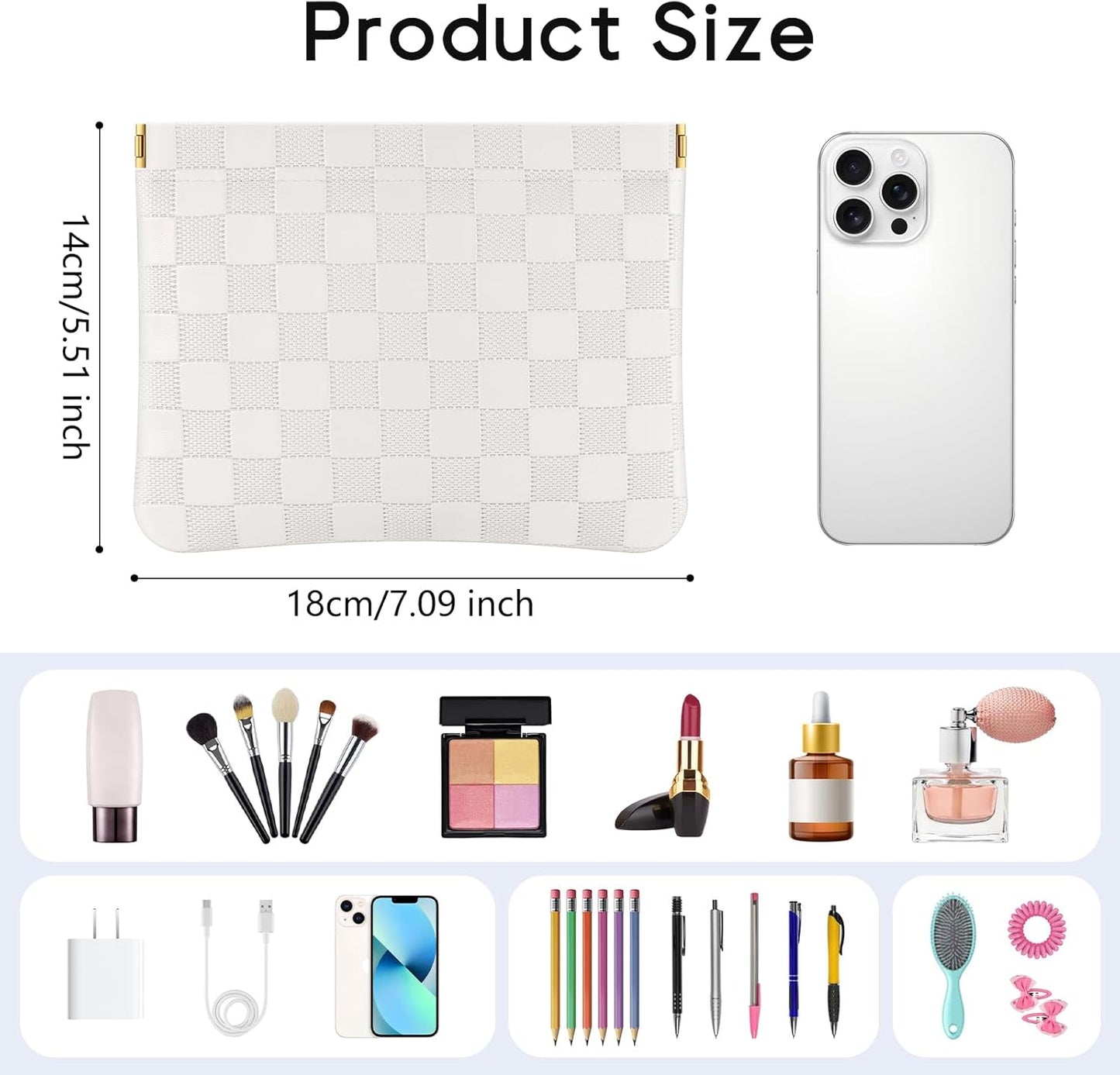 Sightor 2PCS Pocket Cosmetic Bag for Purse, Checkered Makeup Bag Portable Leather Cosmetic Bag for Women, Coin Purse Lipstick Cosmetic Accessories Organizer Travel Cosmetic Pouch, Black, White, L,