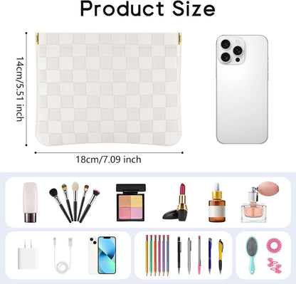 Sightor 2PCS Pocket Cosmetic Bag for Purse, Checkered Makeup Bag Portable Leather Cosmetic Bag for Women, Coin Purse Lipstick Cosmetic Accessories Organizer Travel Cosmetic Pouch, Black, White, L,
