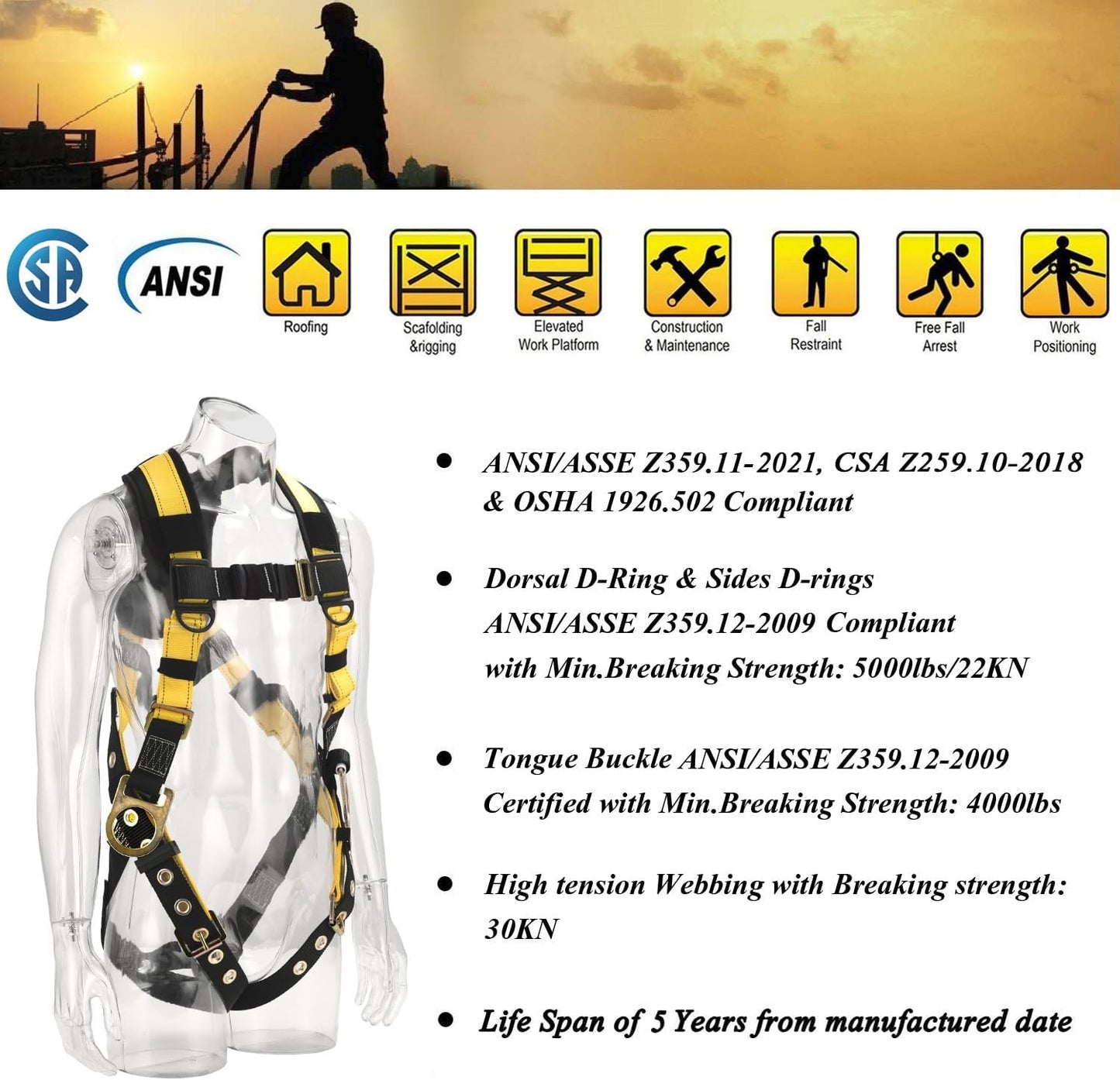 WELKFORDER 3D-Rings Industrial Fall Protection Safety Harness With Leg Tongue Buckles | Shoulder Pad Support ANSI＆CSA Compliant Full Body Personal Protection Equipment