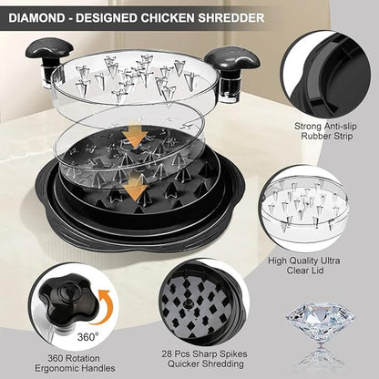Chicken Shredder, Chicken Breast Shredder Tool Twis with Brush&Fork, Visible Meat Shredder Machine Strong Anti-Slip Base, Safe Transparent Lid, Bpa Free, Dishwasher Safe (9.84"-Black)