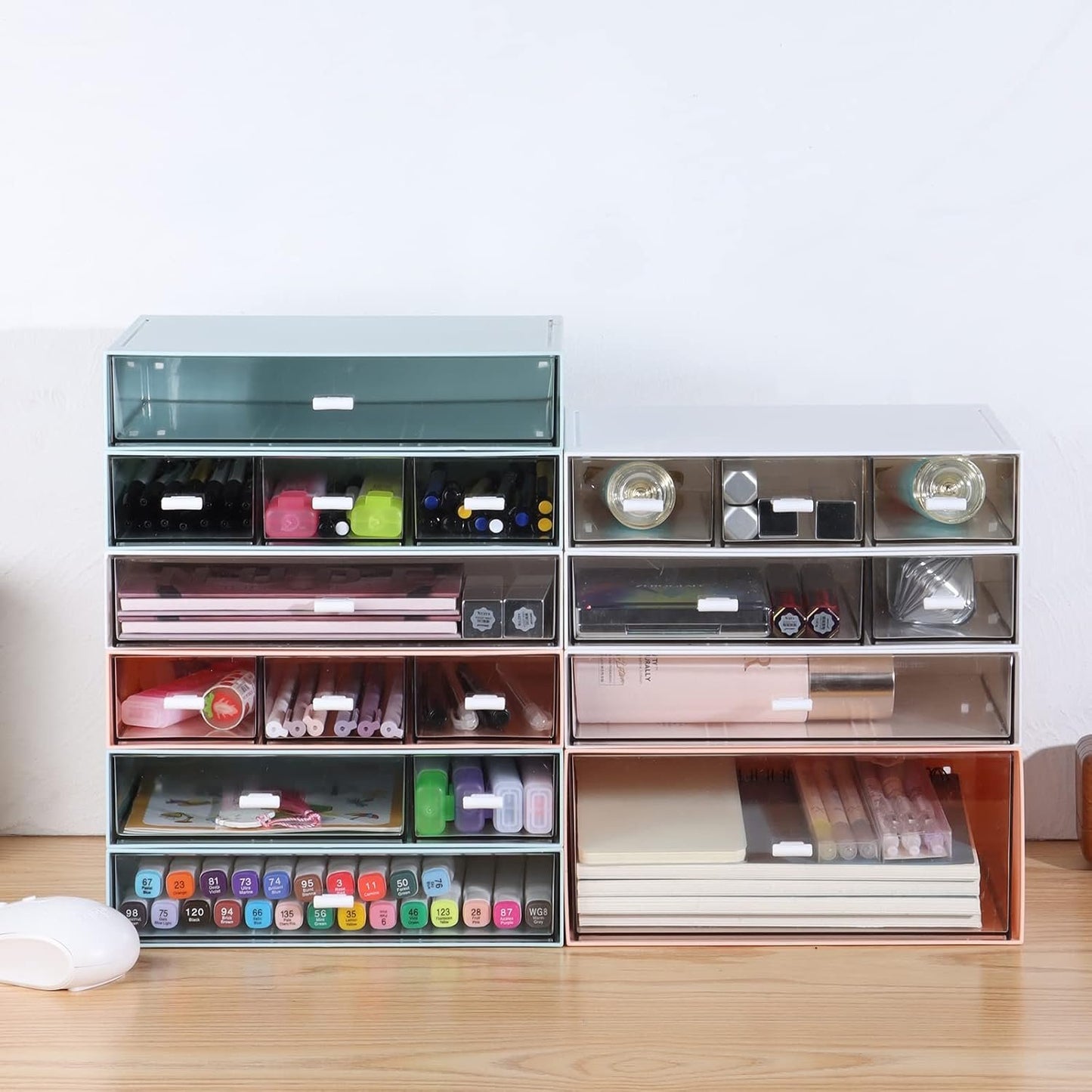 OSteed Desk Craft Organizer and Storage with 7 Flat Drawers, Stackable Plastic Desktop Accessories & Workspace Organizer for Office Stationary, Makeup Skincare, Sanitation Supplies, White