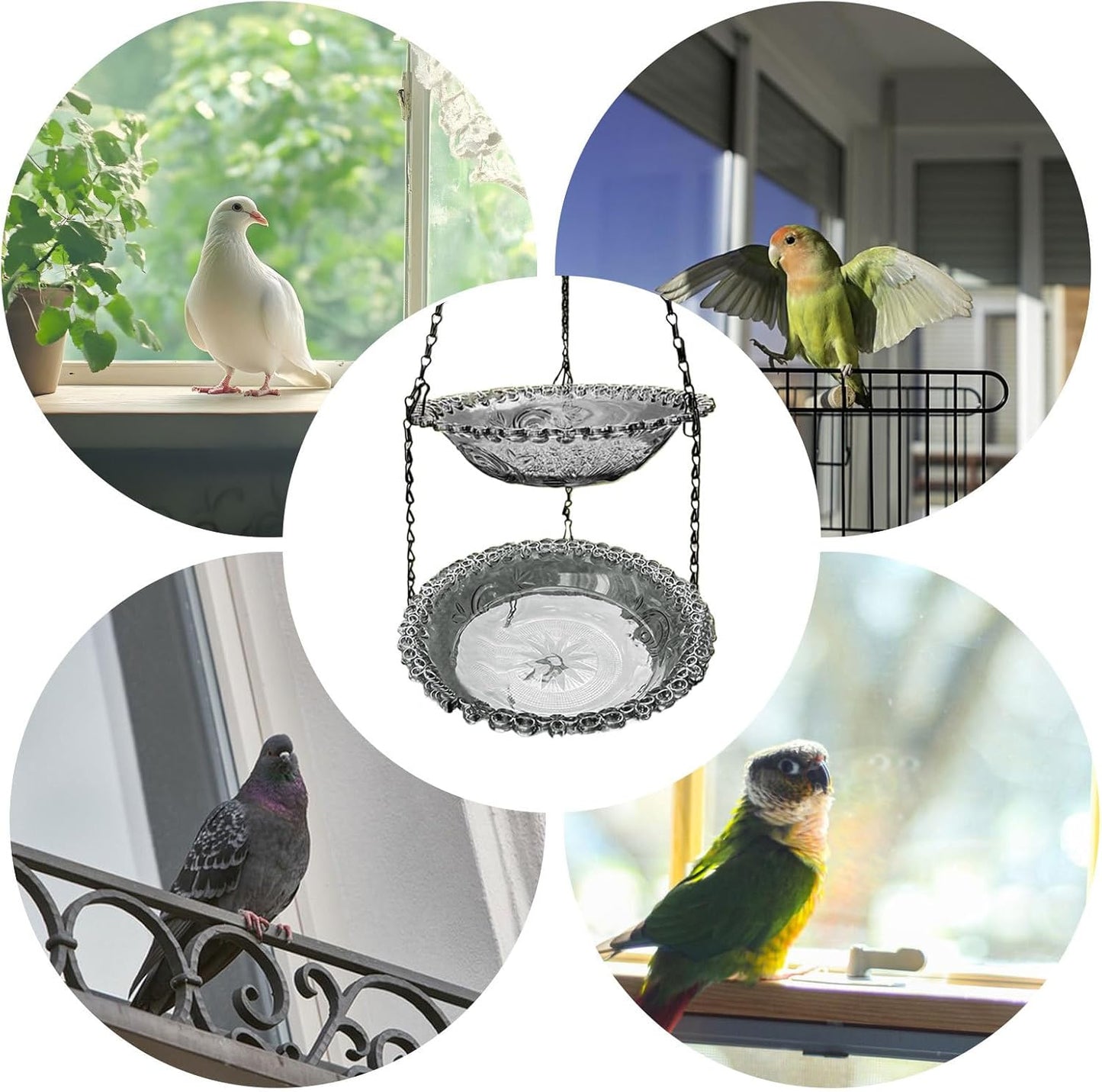 Mangiatoia per uccelli – Vasca per uccelli sospesa – Fontana per uccelli – Ciotola per bere e mangiare per uccelli – Accessorio per gabbia da appendere per giardino, cortile, terrazza, patio