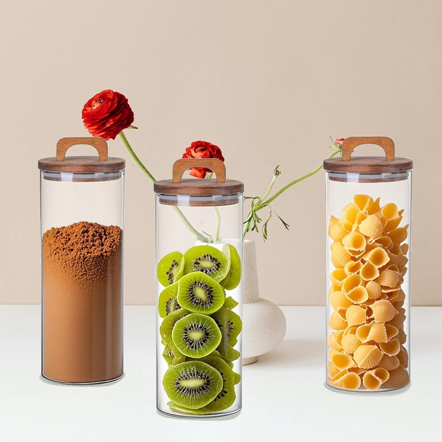 Set of 3 Glass Jars Food Storage Containers with Wooden Lid - Airtight Kitchen Canisters for Spaghetti, Coffee beans, Oat,cereal,Tea, Flour, Sugar, Food Jars With Acacia Wood Lids (1750ml/59oz)
