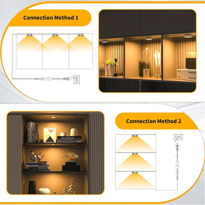 WOBANE LED Puck Lights,Hardwired Under Cabinet Lighting with Switch,DIY Shelf Light for Kitchen,Display,Bookcase,Pantry,Linkable,Recessed & Wall Plug in,Warm White 3000K,120V,Set of 3