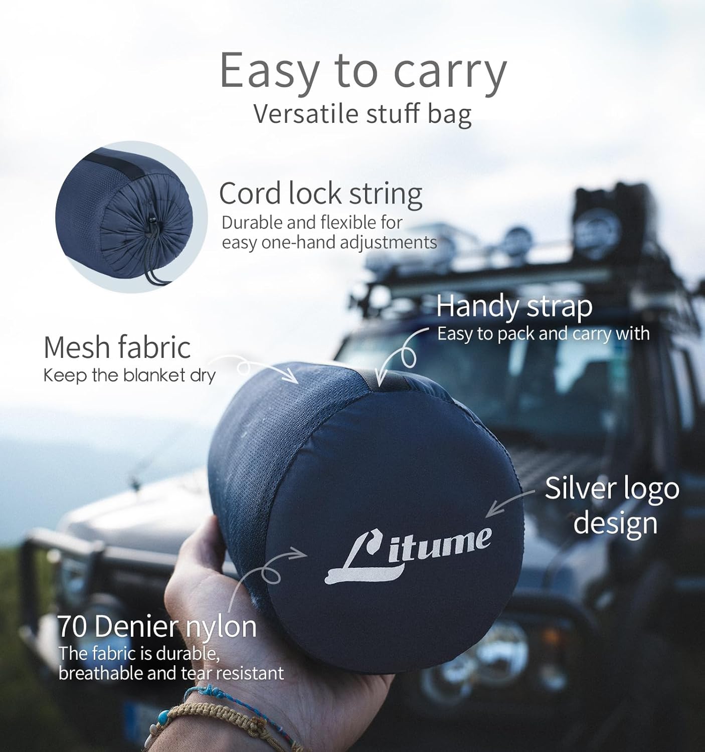 Litume Travel Blanket Lightweight and Breathable, 67 x 48 Soft Airplane Blanket for Travelers, Foldable Camping Sheet with Stuff Sack for Train, Camp, Traveling (Fleece Blanket)